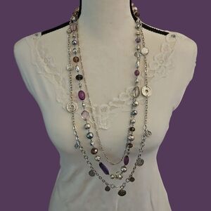 PREMIER DESIGNS Elegant Multi-Chain Layered Purple Beaded Coin Necklace